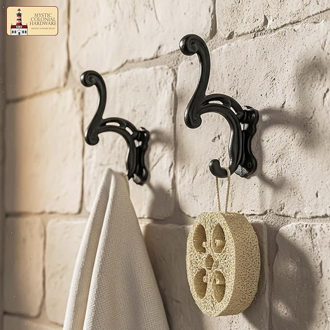 Mystic Colonial Rustic Cast Iron Wall Hooks Heavy Duty Vintage Utility Hooks for Hanging Coat, Bag, Towel, Robe, Hat & More Decorative Wall Mount Hanger, Pack of 2, Black