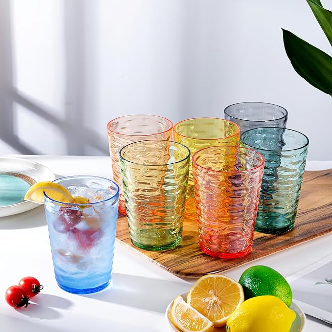 14-ounce Plastic Tumblers, Acrylic Drinking Glasses, set of 6 Multicolor Reusable Plastic Cups, Stackable, BPA-Free, Shatter-Proof, Dishwasher-Safe