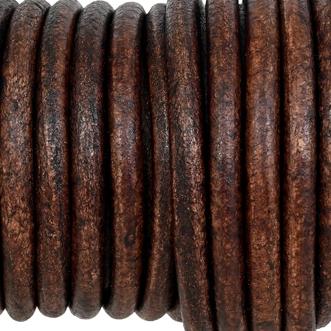 GENIQUE Real/Genuine Round Leather String Cord for Necklace, Bracelets, Jewellery, Braiding (5mm, Antique Brown Distressed)