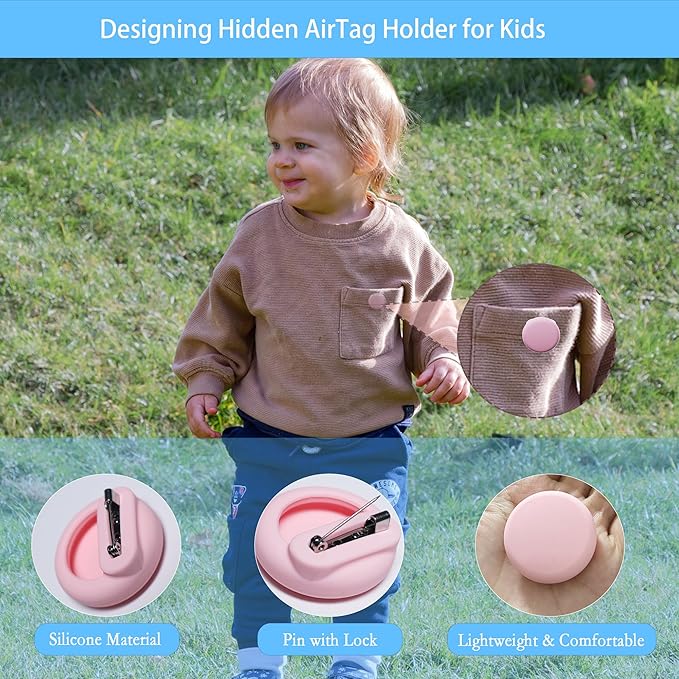 Air Tag Holder for Kids (4 Pack), Hidden GPS Tracker Case with Invisible Pin for Airtag Gen 2/1, Silicone Protective Cover for Toddlers, Children,Elderly, Cloth, Pants(Dark Blue+Sky Blue+Pink+Purple)