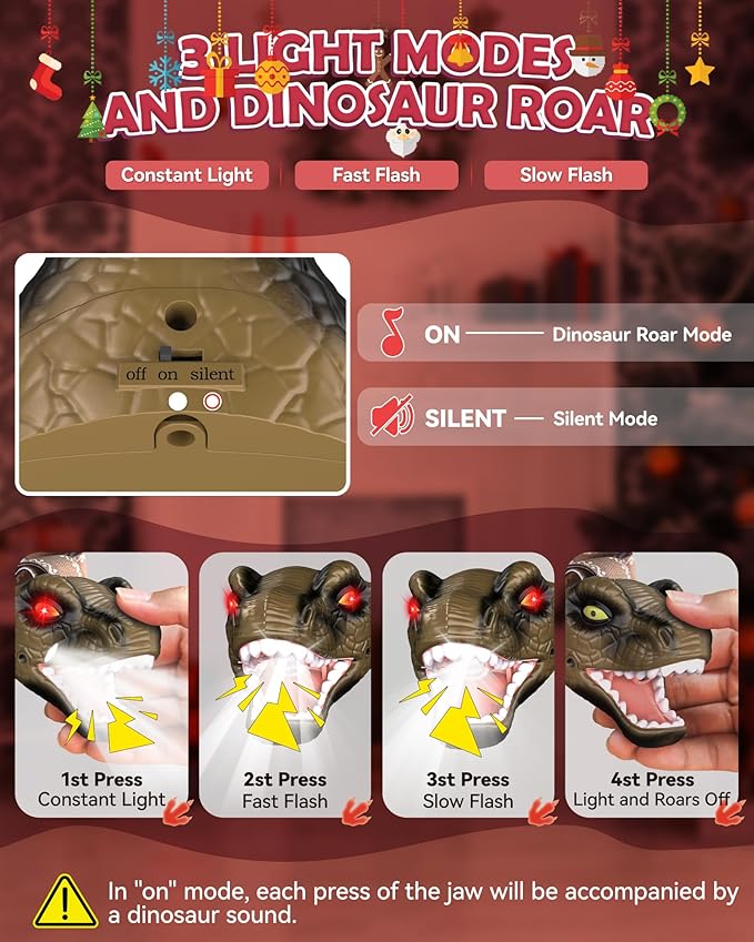 LED Dinosaur Headlamp for Kids, Children's Toy Flashlight T-Rex Dinosaur Toys for Age 3 4 5 6 7 8 9 Years Old Kids, Camping Hiking Gear for Boys(Brown)