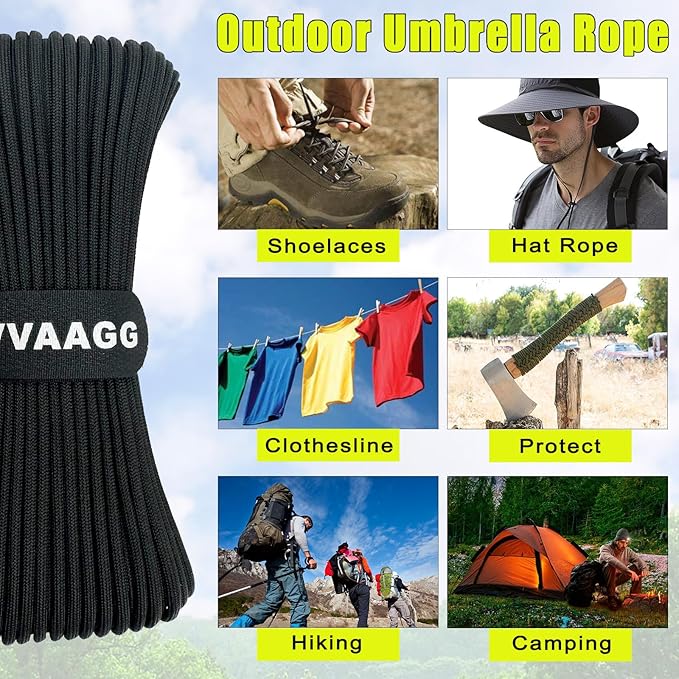 VVAAGG 1000 Black Paracord Rope 100FT Utility Nylon Heavy Duty 12 Strand Parachute Cord for Camping, Tent, Clothsline, Outdoor Hiking, Fishing, Survival Braceletand, Weatherproof Rope (100FT)
