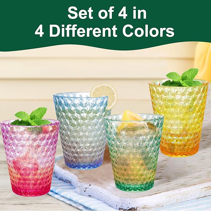 Lily's Home Unbreakable Premium Drinking Glasses Set of 4, Plastic Cups, Reusable Drinkware, Tumblers Water Cups Shatterproof & Stackable, Indoor & Outdoor cups 3.4in×4.3in,13.5oz. Made in Taiwan.