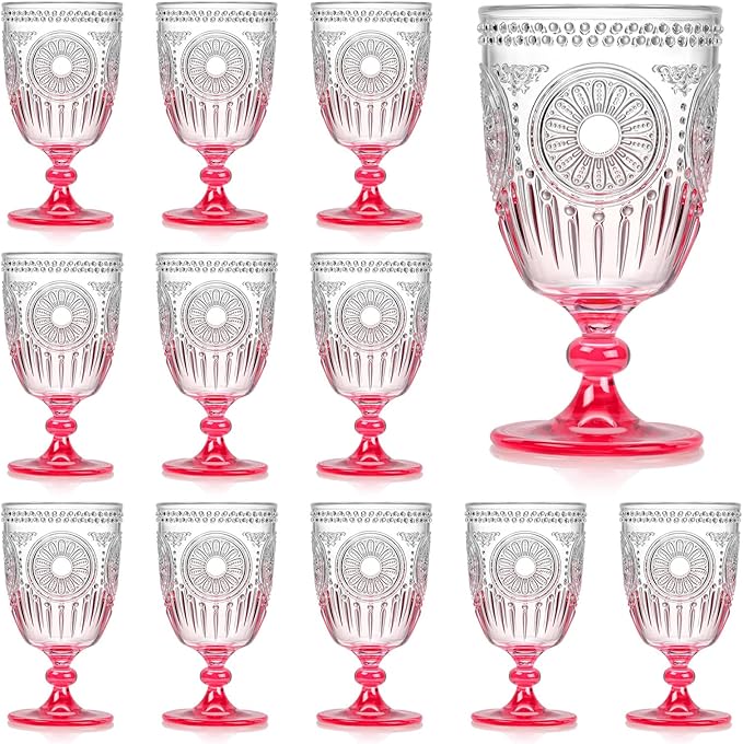 XUWAIDSGN 12Pcs Plastic Vintage Wine Glasses 13.5oz Reusable Embossed Goblet Glasses Pink Gradient Retro Wine Glassware Unbreakable Stemmed Champagne Water Cups for Wine Cocktail Juice Wedding