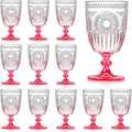 XUWAIDSGN 12Pcs Plastic Vintage Wine Glasses 13.5oz Reusable Embossed Goblet Glasses Pink Gradient Retro Wine Glassware Unbreakable Stemmed Champagne Water Cups for Wine Cocktail Juice Wedding