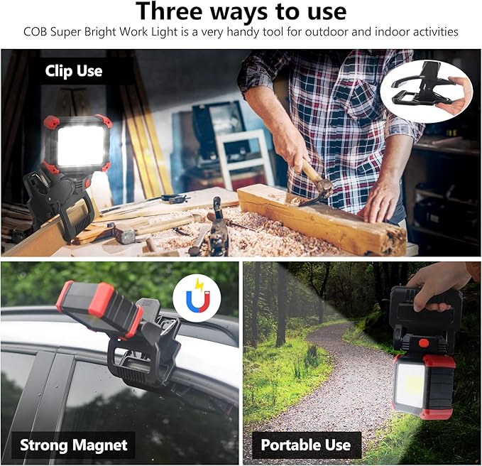 Tresda LED Rechargeable Work Light with Clamp, 2Pack 2100LM COB Magnetic Work Light with 3 Light Modes, 270° & 180° Rotation, Waterproof, Perfect for BBQ, Jobsite, Workshop, Car Repairing