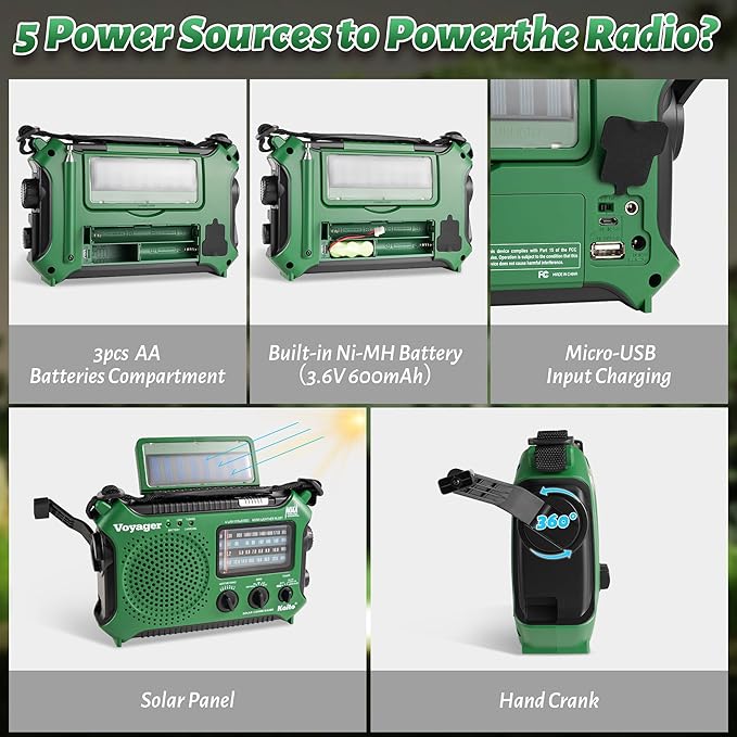 Kaito KA500GRN 5-Way Powered Emergency AM/FM/SW Weather Alert Radio, Green