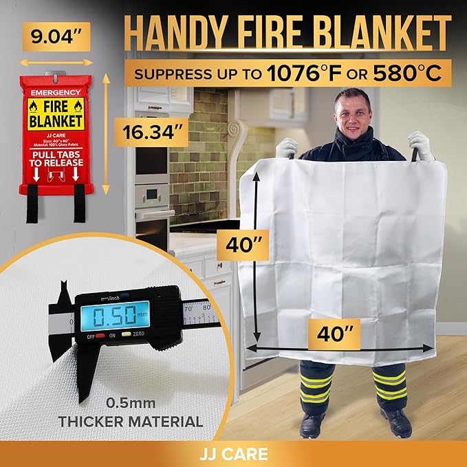 JJ CARE Fire Blanket – 5 Packs with Hooks and Gloves – 40" x 40" Emergency Fire Blanket for Home & Kitchen, High Heat Resistant Fire Suppression Blankets for Home Safety, Kitchen, and Camping