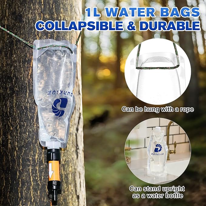 1L Collapsible Water Filter Bags and Water Filter Coupling Kit Compatible with 28mm External Threaded Filters, Foldable Backpacking Bottle for Traveling, Hiking, Camping - 4 × 33.8oz