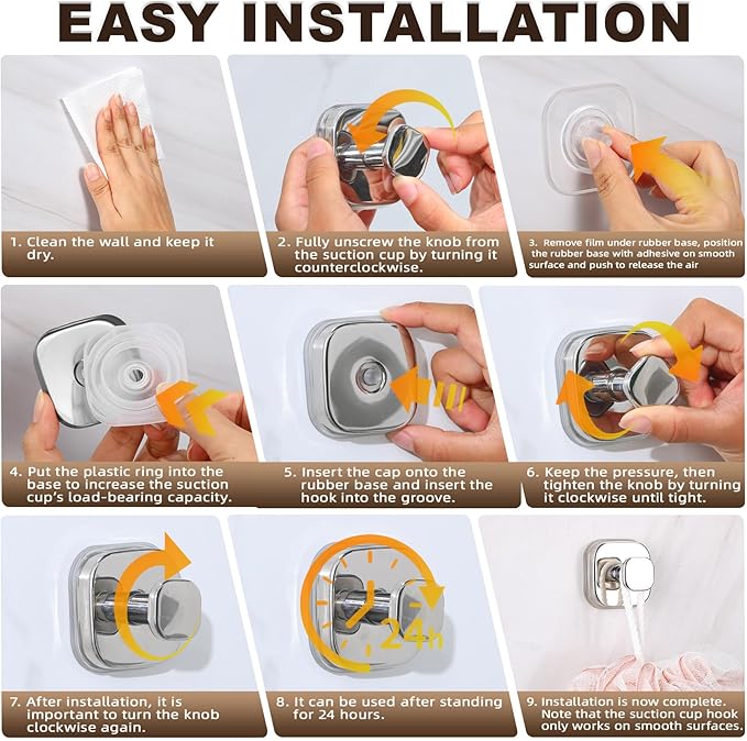 Suction Cup Hooks for Shower Heavy Duty No-Drill– Reusable Multi-Purpose Hooks Adheres to Glass, Mirrors, Tiles & Smooth Surfaces for Towels, Robes, Loofah& Body Sponge (4, Chrome Polished)