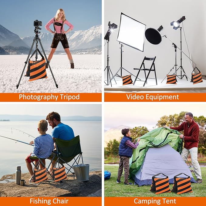 4 Packs Orange Sandbag Weight Bags for Light Stand Photography Video Equipments, Heavy Duty Saddlebags for Backdrop Stand, Photo Tripod, Canopy, Pop up Tent, Umbrella Base, Fishing Chair, Picnic Table