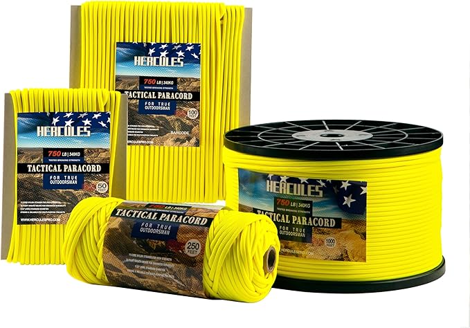 HERCULES 750lb Paracord 4mm 11 Strands Tactical Parachute Cord, 50' 100' 250' 1000' Utility Rope for Camping, Survival, Outdoor Gear (Neon Yellow, 50FT)