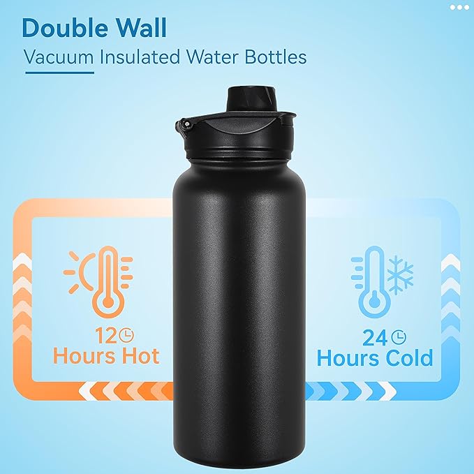 VEGOND 32 oz Insulated Water Bottle Stainless Steel Metal Water Bottles with Leak Proof Straw Lid & Spout Lid, Wide Mouth Double Walled Vacuum Travel Sports Bottle, Black