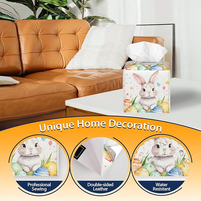 Tissue Box Cover Square,Cute Easter Rabbit and Eggs Tissue Box Holder Waterproof Leather Facial Paper Case Modern Home Decoration for Bedroom Dresser Night Stand Office Desk