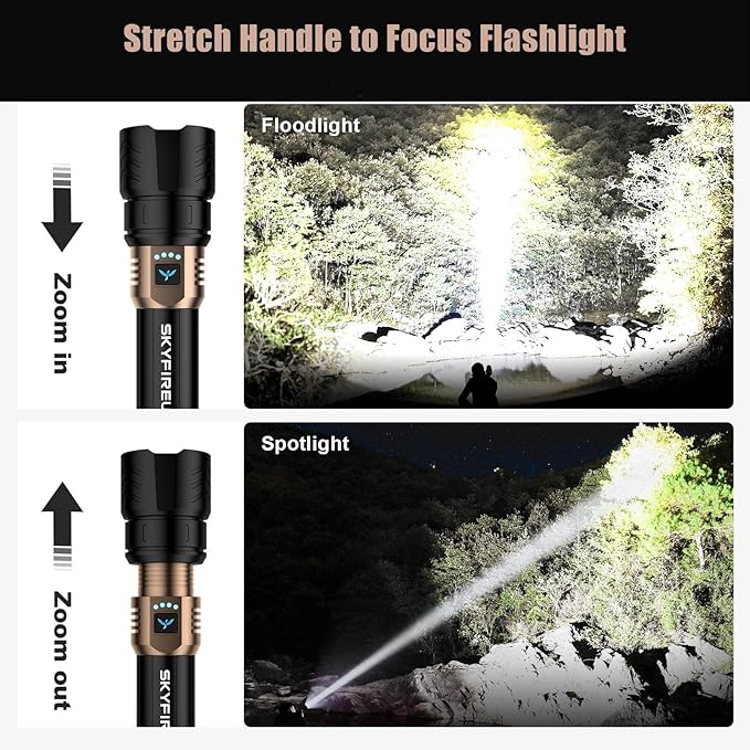 SKYFIRE LED Flashlights High Lumens with Ignition Lens,3000lm Super Bright Rechargeable Flashlight,Zoomable,4 Modes,Waterproof Tactical Flash Light for Camping Essentials,Outdoor and Home,Gift