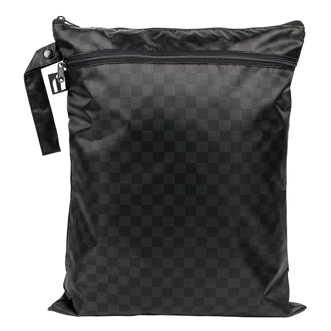 Bumkins Roamio Waterproof Wet Dry Bag for Baby, Travel, Swim Suit, Cloth Diapers, Pump Parts, Pool, Beach, Gym Clothes, Toiletry, Hook to Stroller, Daycare, Zipper Reusable Wetdry Packing, Black Check