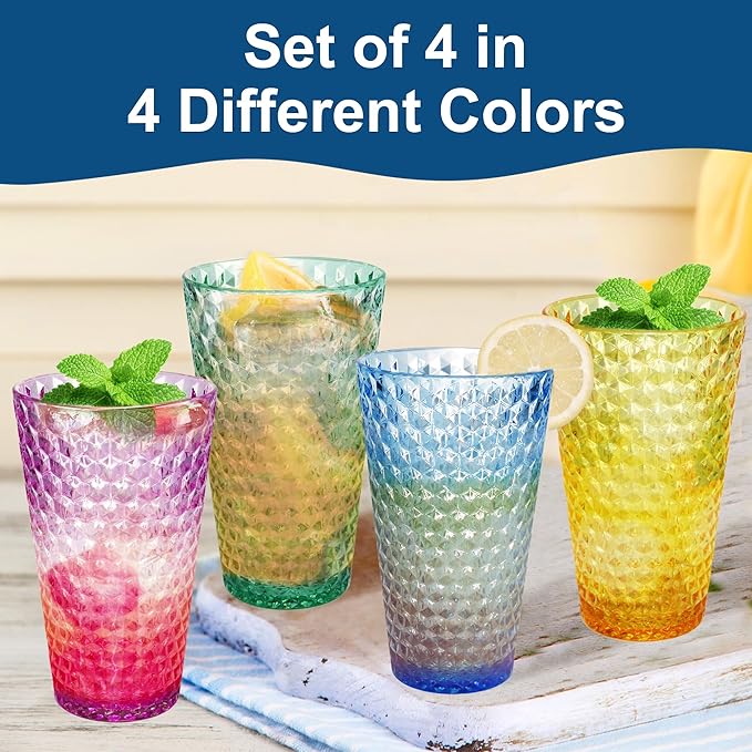 Lily's Home 19.4oz Highball Glasses Set of 4 - Unbreakable Plastic Cups for Outdoor, Party & Camping | Dishwasher Safe, Stackable Drinkware | BPA-Free Shatterproof Tumblers (Made in Taiwan)