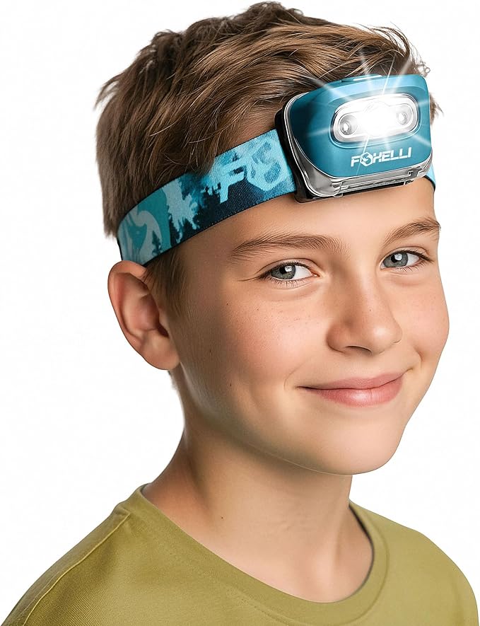 Foxelli LED Headlamp Flashlight for Adults & Kids, Running, Camping, Hiking Head Lamp with White & Red Light, Comfortable Headband, Lightweight & Waterproof, 3 AAA Batteries