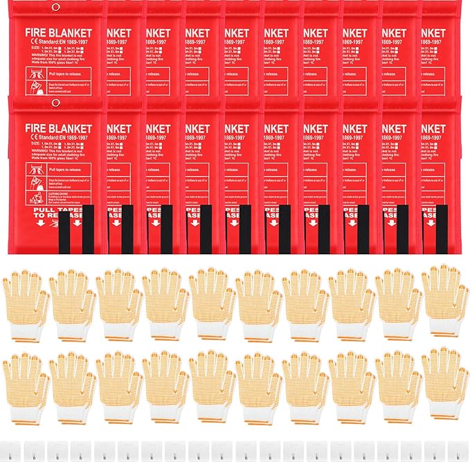 60 Pcs Emergency Fire Blankets for Home and Kitchen 40x40 Inch 20 Fiberglass Fire Suppression Blankets with 20 Fireproof Gloves & 20 Hooks for House Grill Fireplace Camping Car Warehouse Safety