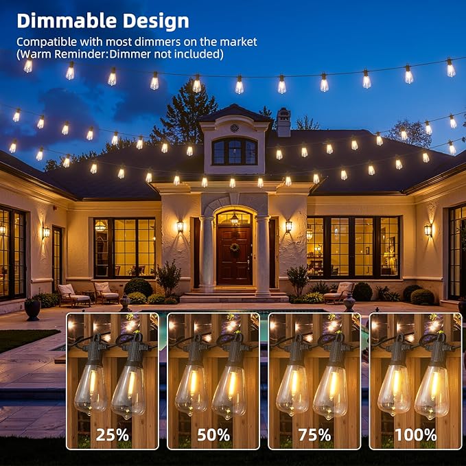 FOOMAN LED Outdoor String Lights, 200FT Outside Waterproof Patio Lights with 100+4 Shatterproof ST38 Edison Bulbs, 2700K Warm White Hanging Light, Dimmable Light for Backyard Porch Gazebo(100FT x 2)