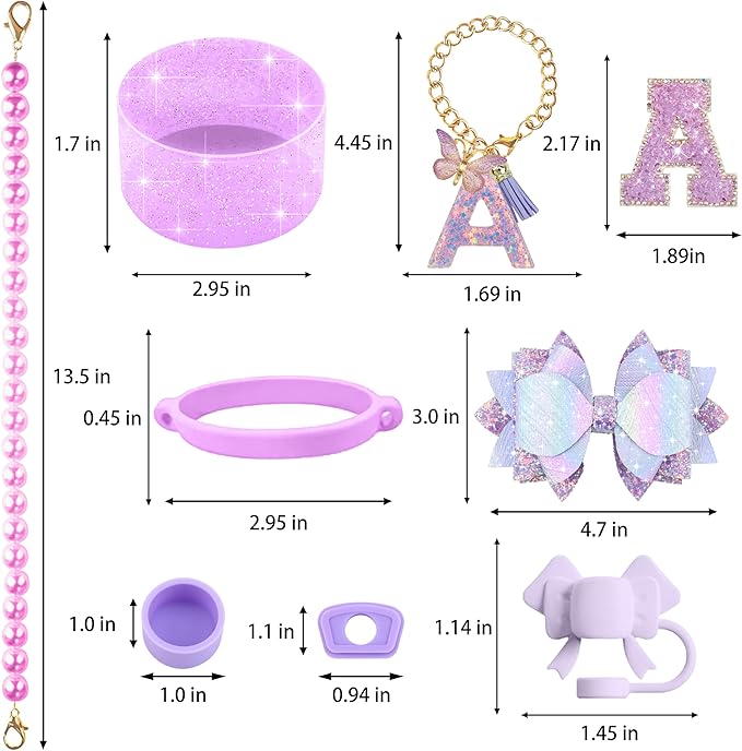 9PCS Purple for Stanley Cup Accessories Set Bling Initials Bow Charms for Stanley Decorations 30/40 Oz Tumbler Accessories Including Bow Straw Topper, Handle Strap, Spill Stopper（Letter A）