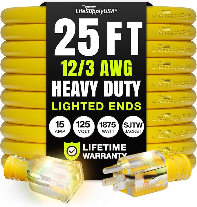 25ft Outdoor/Indoor Extension Cord 12/3 Gauge Extra Heavy Duty 3 Prong SJTW, Waterproof, Flexible Cold-Resistant Long Power Cord,15A 125V 1875W, Yellow by LifeSupplyUSA