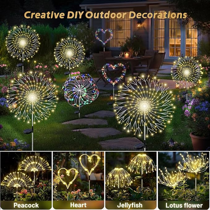 210LED Solar Firework Lights, 4Pack Outdoor Solar Garden Lights Decorative with 8 Modes, Waterproof Fairy Starburst Light for Outside Yard, Pathway, Party, Garden Decor, Warm White