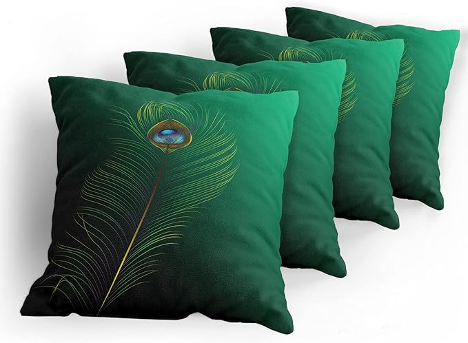 Ambesonne Peacock Decorative Throw Pillow Case Pack of 4, Peacock Feather Illustration in Simplistic Style Wild Nature Life Print, Cushion Cover for Couch Living Room Car, 18", Green Blue