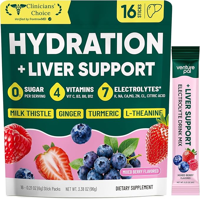 Venture Pal Hydration Packets + Liver Support- Liquid Daily IV Electrolyte Powder Packets with 7 Electrolytes & 5 Vitamins, Milk Thistle + L-Theanine | Sugar-Free | Keto Friendly | Vegan, 16 Sticks