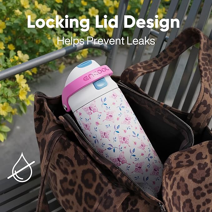 ENCOOL Leakproof Insulated Water Bottle with Straw Dual-Sip Water Bottle Bag-Safe Design for Work, Commute & Gym – Keeps Drinks Cold All Day, 24 oz, Blossom Butterfly