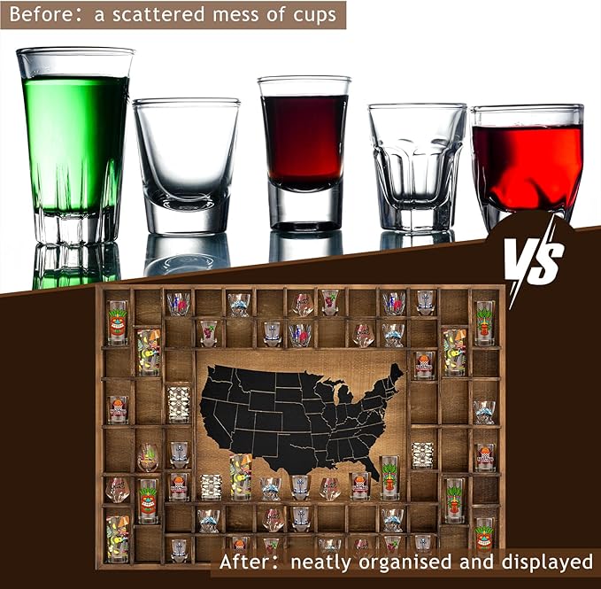 68 Slots 40 x 28'' Large World Map Shot Glass Display Case Rustic Wood Shot Glass Holder for Different Size Wineglass Bar Shelf Organizer Wall Storage Cabinet Decor(Brown,40 x 28'',American Map)