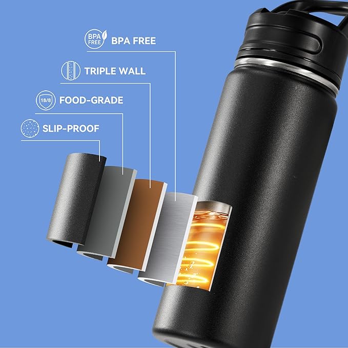Fijinhom 24oz Insulated Stainless Steel Water Bottle with Straws, Double Wall Vacuum Insulated Bottles, Metal Thermo for Travel, Sports, Leak-Proof, BPA Free, Women & Men, Black