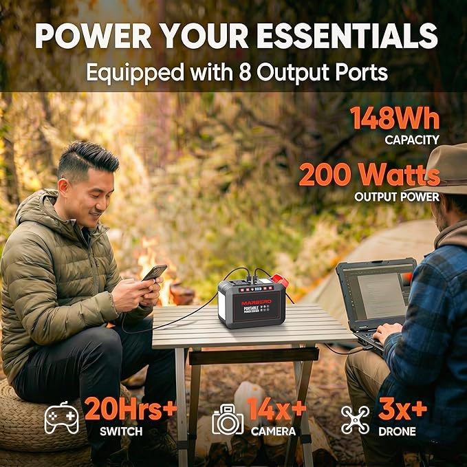 MARBERO 200W Portable Power Station 148Wh Camping Solar Generator Laptop Power Bank with AC Outlet 110V, DC, USB QC3.0, LED Flashlights for CPAP Home Outdoor Trip Emergency Backup