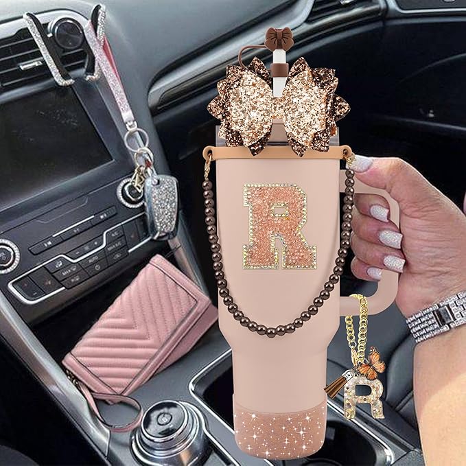 9PCS Brown for Stanley Cup Accessories Set Bling Initials Bow Charms for Stanley Decorations 30/40 Oz Tumbler Accessories Including Bow Straw Topper, Handle Strap, Spill Stopper（Letter R）