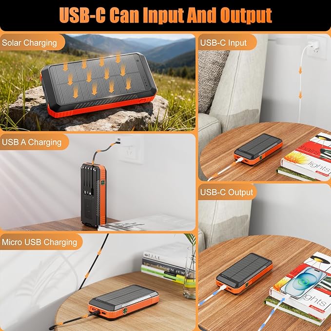 Solar Power Bank 33800mAh with Super Bright LED Flashlight, Built-in 4 Cables & Wireless Charging, Portable Charger with Compass, 7 Outputs & 4 Inputs for Camping/Hiking(Orange)