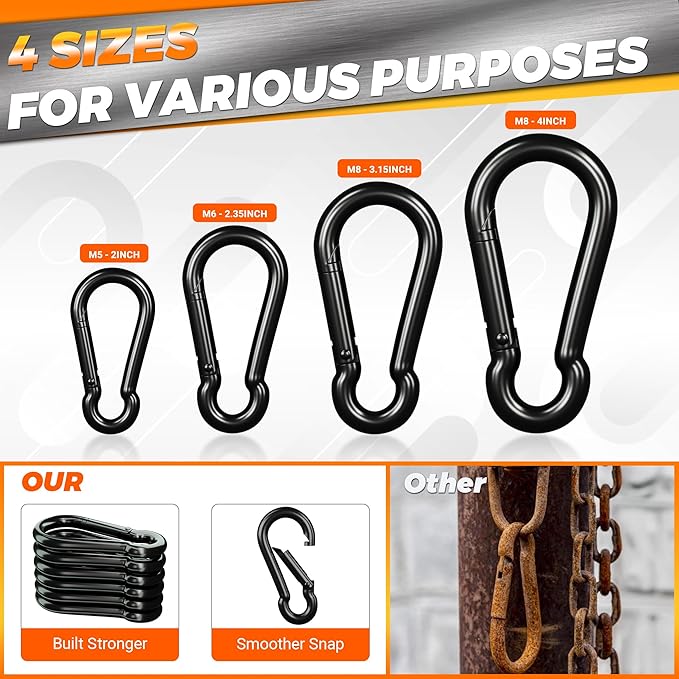 sprookber Carabiner Clips Spring Snap Hook, Iron Heavy Duty Caribeaners for Key, Keychain Hooks for Hammocks, Backpacks, Outdoor Gear, Set of 6 (Black)