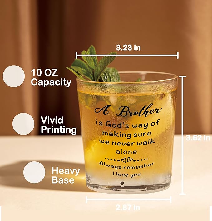Nogrit Brother Gifts Whiskey Glasses 10 oz, Brother Father's Day Birthday Gifts Old Fashioned Rocks Glasses for Men Drinking Cocktail Scotch Vodka Tequila Rum