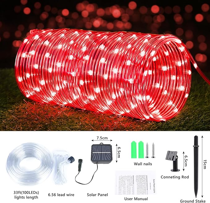 Solar Rope Lights, 2 Packs Total 66ft 200LED Solar String Lights, 8 Modes Waterproof Solar Powered Outdoor Light, Flexible Clear Tube Light for Garden Backyard Patio Deck Porch Tree Xmas Decor - Red