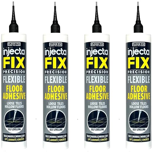 Floor-Fix Pro The Original Adhesive - Extra Strength - Fix Loose & Hollow Tiles, Repair Squeaky Wood Floor - All in One 5/64” Patented Stainless Steel Injection Tip + Anti Clog Cap (4)