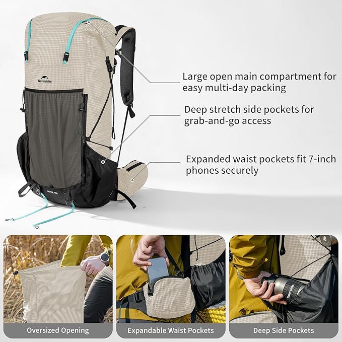 Naturehike 45L Rock 2.0 Upgraded Internal Frame Hiking Backpack for Outdoor Camping Travel Backpacking, Ultralight Backpack for Adults(White/L/45L)
