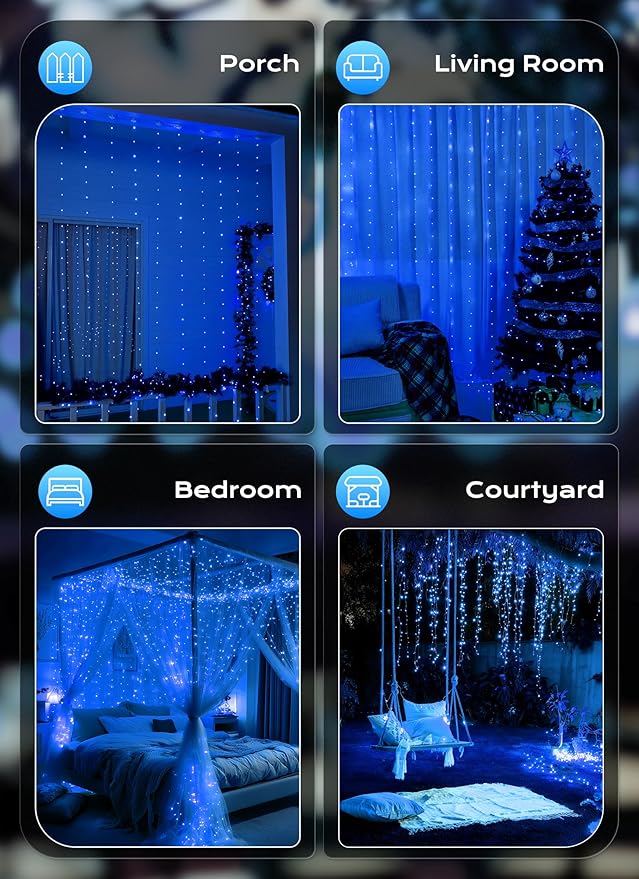 Brightown 300 LED Blue Fairy Curtain Lights, 9.8ft x 9.8ft String Lights, USB Plug in 8 Lighting Modes Christmas String Hanging Lights with Remote for Bedroom Indoor Outdoor Party Xmas Blue 1 Pack