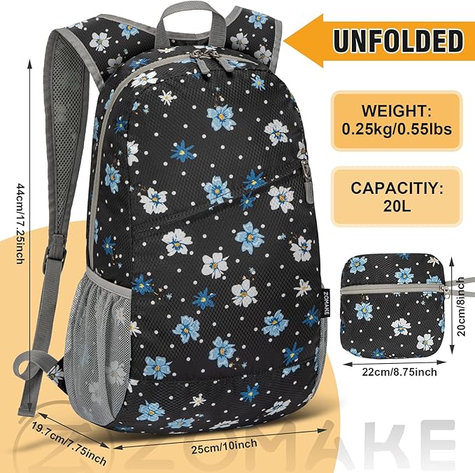 ZOMAKE Lightweight Packable Backpack,Foldable Backpacks Small Daypack for Hiking Water Resistant Day Bag for Travel(Black,Floral pattern)