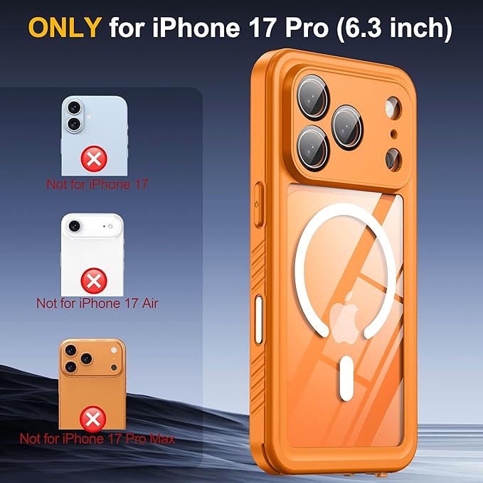 ANTSHARE for iPhone 17 Pro Case, Compatible with Magsafe, IP68 Waterproof Case, [Built-in Screen Protector] - 12 FT Military Dropproof - Full Body Heavy Duty Rugged Phone Cover - Orange/Clear