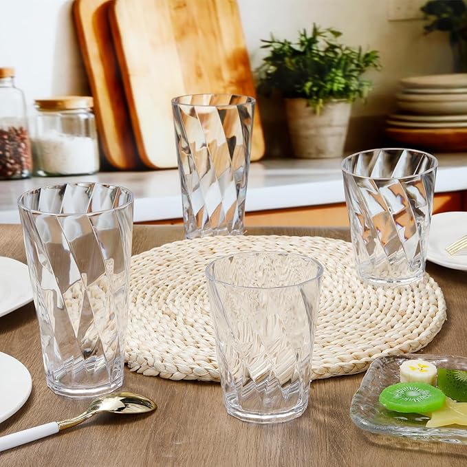 LemonRoad 24 Pack Reusable Plastic Drinking Glasses Set - 20oz & 13.5oz Stackable Tumbler, Shatter-resistant Highball Cup for Water, Cocktail, Iced Coffee, Indoor Outdoor Use, BBQ, Patio, Pool (Clear)