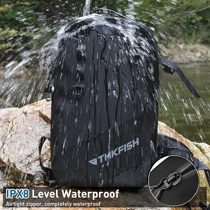 THKFISH IPX8 Waterproof Fishing Backpack with Rod Holder, Lightweight Fishing Sling Bag, Move Freely Fish Gifts for Men
