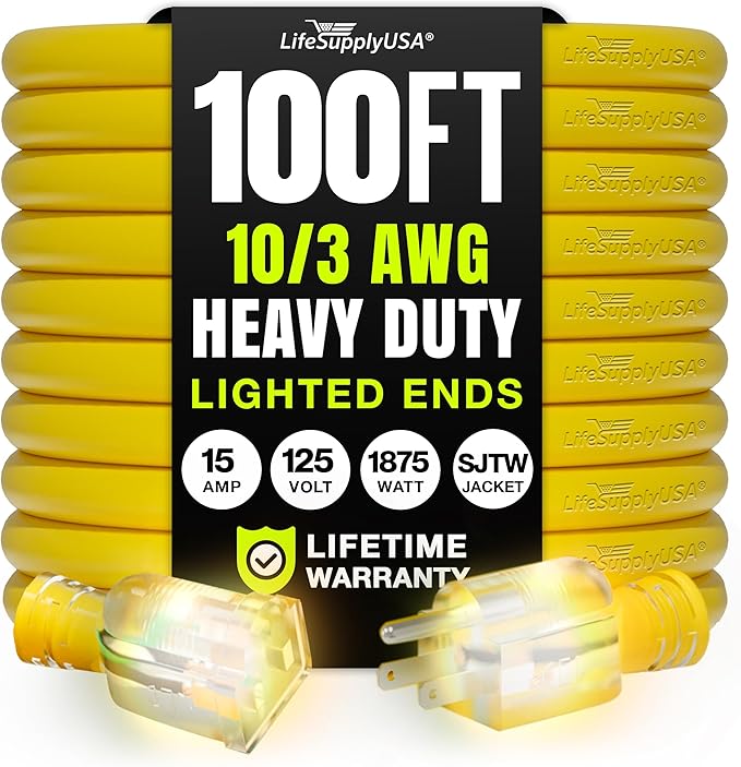 100ft Outdoor/Indoor Extension Cord 10/3 Gauge Ultra Heavy Duty 3 Prong SJTW, Waterproof, Flexible Cold-Resistant Long Power Cord,15A 125V 1875W, Yellow by LifeSupplyUSA