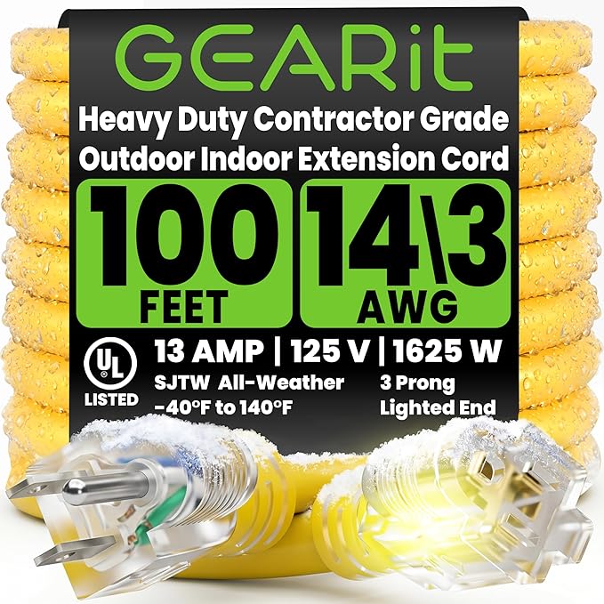 GEARit 100 Ft Extension Cords 14/3 Gauge Outdoor/Indoor SJTW 14 AWG 3 Prong Heavy Duty Power Cable 13A 125V 1625W for Lawn, Garden, Appliances Yellow