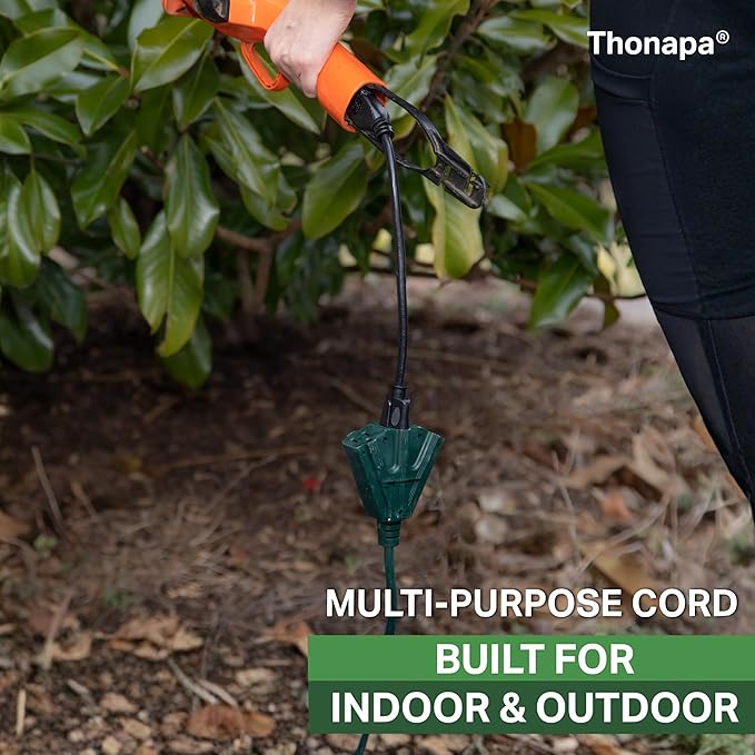 Thonapa Weatherproof Green Extension Cord 25 ft 3 Outlets, 16/3 SJTW Outdoor Extension Cord with Multiple Outlets 25 Foot, 13 AMP Exterior Electric Cable 3 Way Plug for for Outdoor Lights, Landscaping