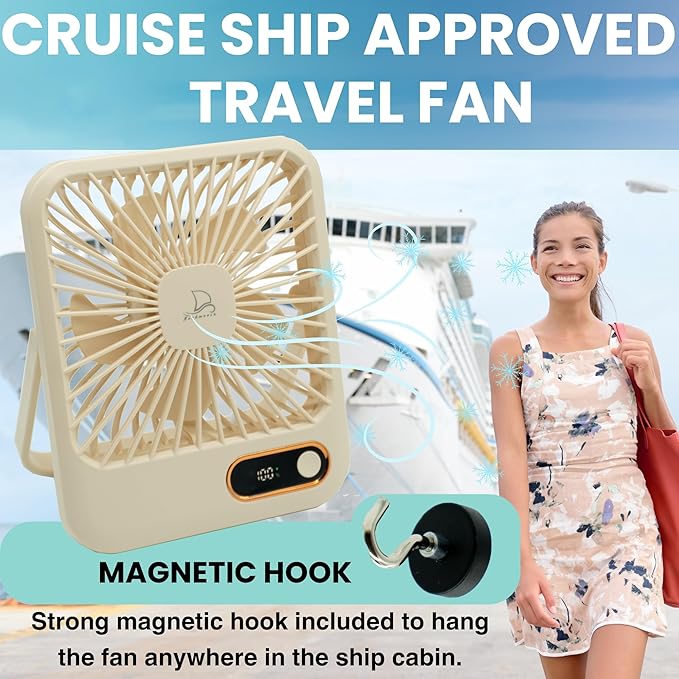 Nordmoose Cruise Ship Approved Fan – Up To 16 Hours Battery Life, USB Rechargeable, Battery-Powered Travel Fan for Sleeping – Magnetic Hook Included for Easy Hanging on Cabin Walls & Ceilings