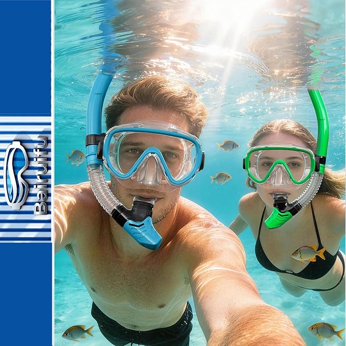 Bairuifu 2-Pack Snorkel Gear for Adults | Enhanced Anti-Fog & Anti-Leak Snorkeling Mask | Breath-Free Dry Snorkel | 180° Panoramic View with Quick-Dry Bags